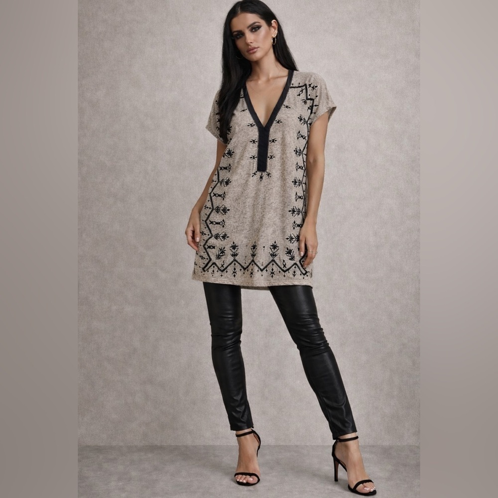 Lucky Brand|Boho Chic Embroidered tunic top w/ beading|oatmeal/black| Large| EUC - Picture 5 of 14